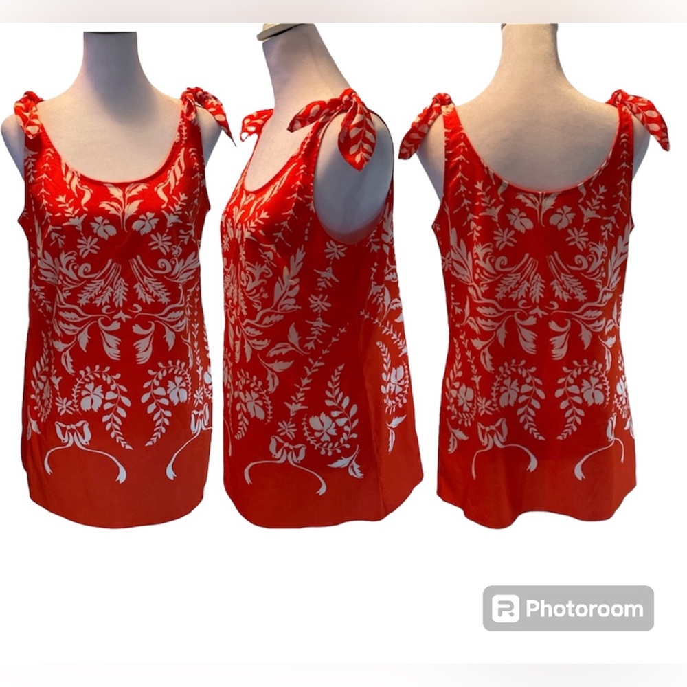 Cabi Orange & White Mosaic #5255 Sleeveless Tie Shoulder Tank Top Size Small